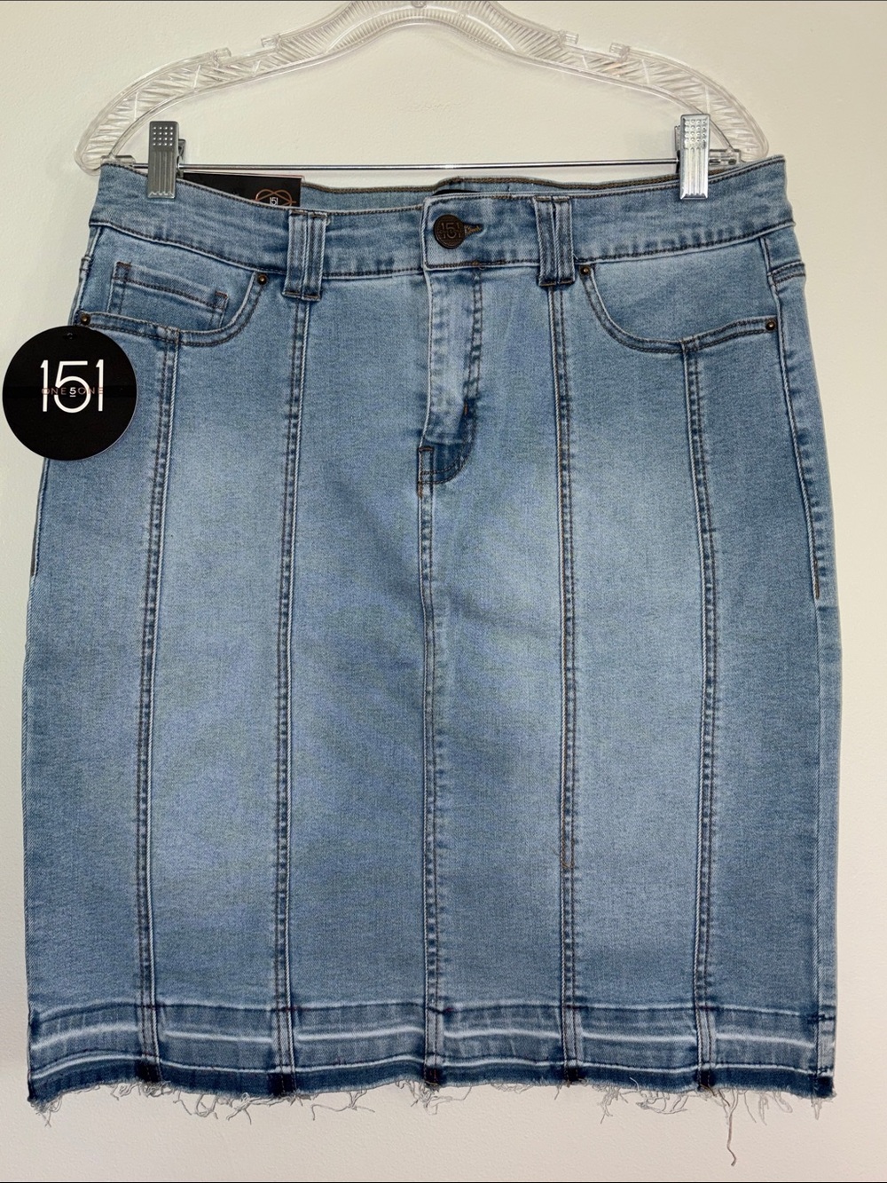 One5One Light Blue Denim Stretch Pencil Skirt - large -